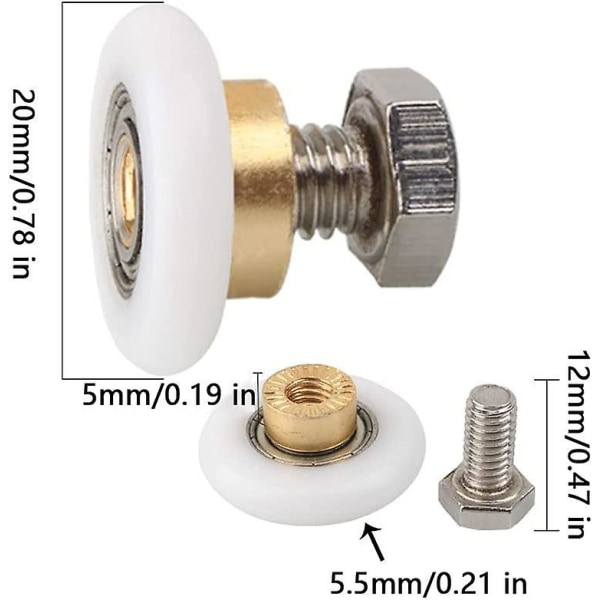 Skydedørsrulle, 4 stk Bruseruller, Bruseløbere, Rullehjul til brusedør Skyderuller Dørudskiftningshjul (20mm)