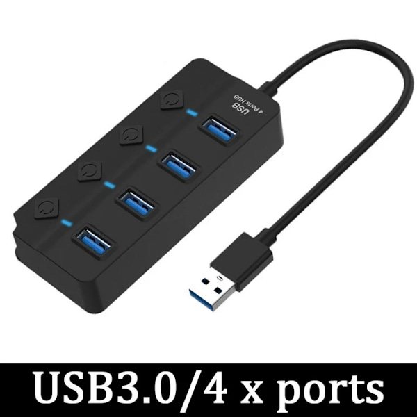 Feylan USB 3.0 strømadapter 4/7 port Multi USB splitter hub USB 2.0 USB multiple expander switch 30cm kabel hub dockingstasjon Black-3.0-4 ports