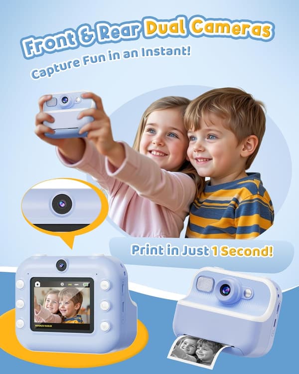 Børne-instantkamera, 48000w pixel dobbeltkameraer til 3-12 årige, blå