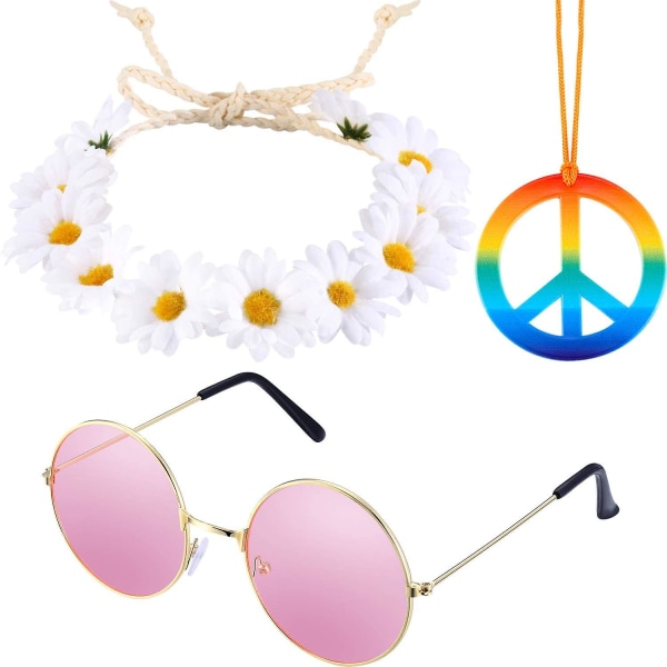 3-osainen set , jossa Rainbow Peace Sign -kaulakoru, kukkakruunupääpanta & hippi-aurinkolasit, 60-70-luvun pukeutumistarvike