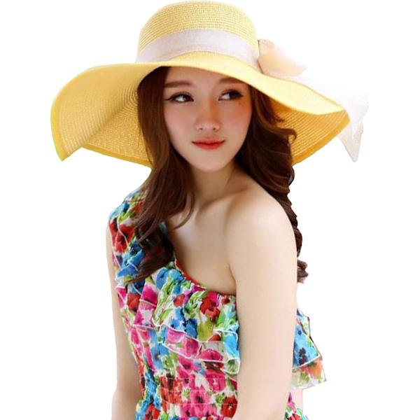 Kvinders bred skygge solbeskyttelse stråhat, folbar floppy hat, sommer UV beskyttelse strandhætte yellow