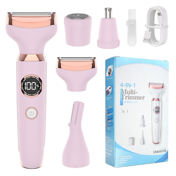 4-i-1 Multifunktionel Hårfjerner til kvinder med LED-display til bikini, armhuler, ben (pink)