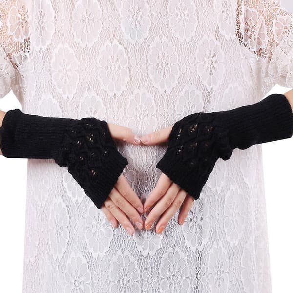 Dame Lange Håndbroderte Hansker Strikket Varme Til Vinter Fingerless Light Gray