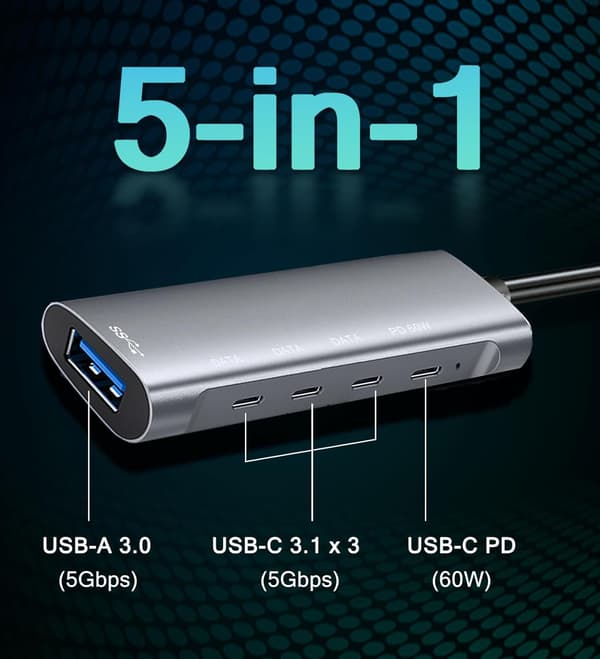 USB C Hub-adapter, Dockningsstation för bärbar dator med 3 5Gbps USB-C-data, PD 60W för MacBook Pro, iPad Pro