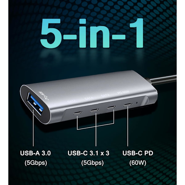 USB C Hub-adapter, Laptop Docking Station med 3 5Gbps USB-C Data, PD 60W til MacBook Pro, iPad Pro