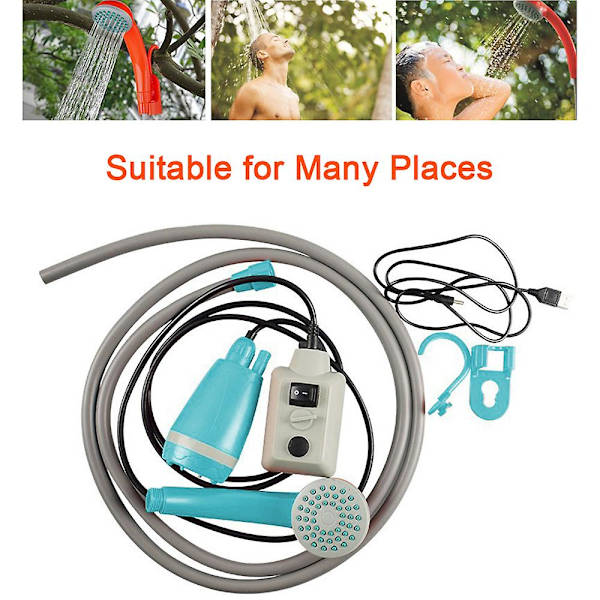 Bärbar campingdusch med vattenpump, 2200 mah USB kabel Blue