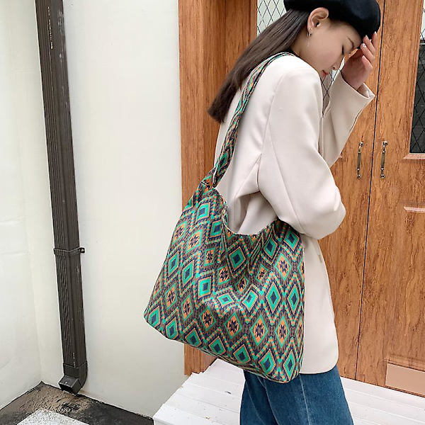 Beach Dame skuldertaske Stor kapacitet Shopping Bag Etnisk stil håndtaske green