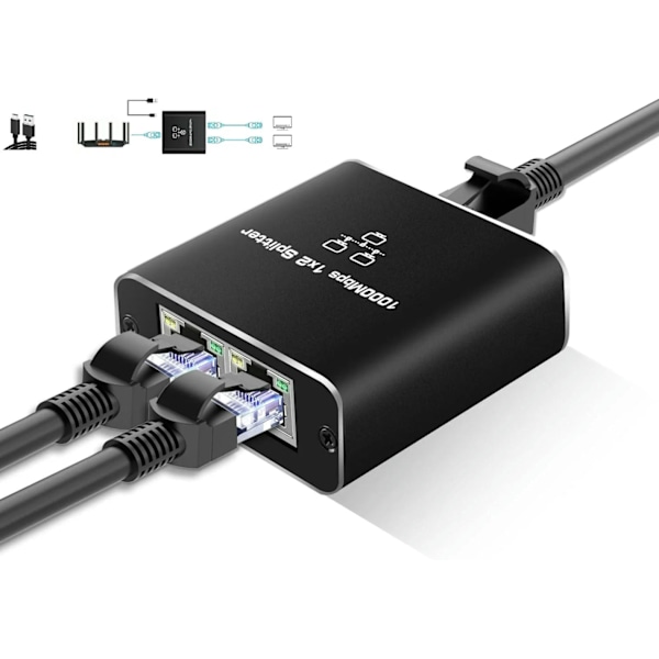 Ethernet-splitter 1 til 2, 1000 Mbps RJ45-nettverkssplitter med 1,5 fot Cat8-kabel og USB-strøm, støtte for to enheter for Cat5/6/7/8