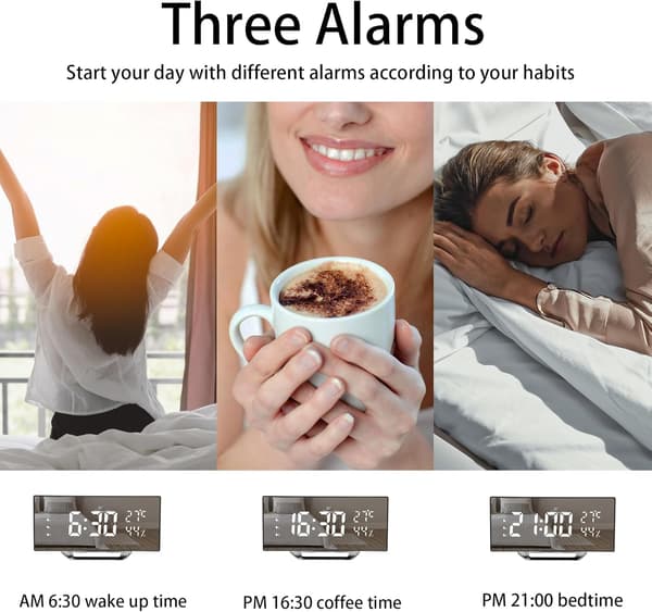 Väckarklocka LED med modern böjd design, 3 alarm, Snooze, Vit