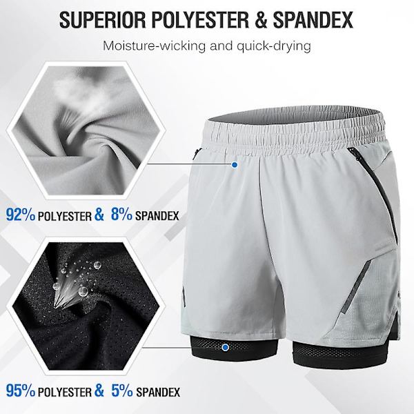2-i-1 löparshorts för män med dragkedjefickor Snabbtorkande träningsshorts för träning gym träning Light Grey L