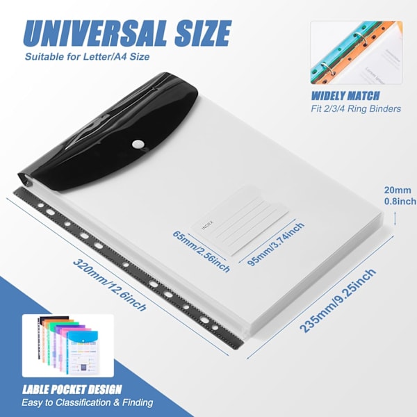 Dokumentmappe A4-størrelse til 2/3/4 ringbind med trykknap og etiket (Vertikal version/12 stk.)