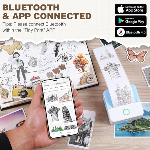 Mini Termisk Printer, Trådløs Etiketprinter med Bånd, Kompatibel med iOS og Android Blåt