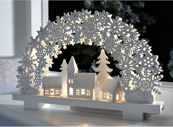 Snöflinga båge och by scen bord juldekoration, trä, vit