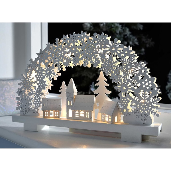 Snøfnuggbue og landsbyscenebord Julepynt, tre, hvit