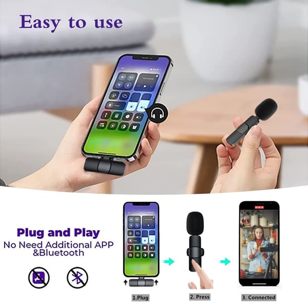 Trådlös Mikrofon för Android och Iphone Ipad, Automatisk Brusreducering Mikrofon, Plug and Play med Klämma