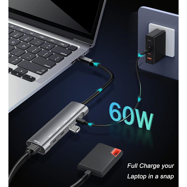 USB C Hub-adapter, Laptop Docking Station med 3 5Gbps USB-C Data, PD 60W til MacBook Pro, iPad Pro