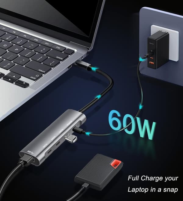 USB C Hub -sovitin, kannettavan telakointiasema, jossa 3 5 Gbps USB-C -dataa, PD 60 W MacBook Prolle, iPad Prolle