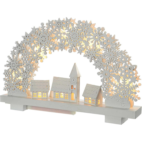 Snefnugbue og landsbyscenebord juledekoration, træ, hvid