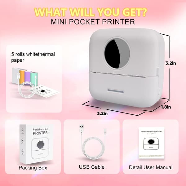 Bærbar Blækfri Lomme Bluetooth Termisk Printer med 5 Ruller Papir til Dagbog/DIY Scrapbooking/Rejser/Noter Hvid