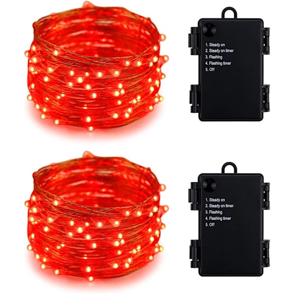 Sisä- ja ulkokäyttöön sopivat vedenpitävät paristokäyttöiset 100 LED-valosarjat 10 metrin pituisella erittäin ohuella kuparilangalla ja ajastimella (Punainen, 2 kpl) Punainen 2 Punainen