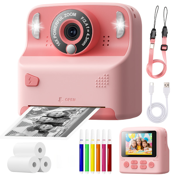 Digitalkamera 1080P HD Barnas Instant Print Kamera 2.4 Tommers IPS Skjerm Rosa