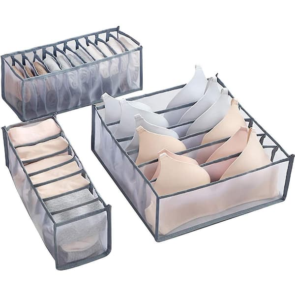 Underwear Organizer Skuffeskiller, sett med 3 Inkluderer 6+7+11 Celler Grey