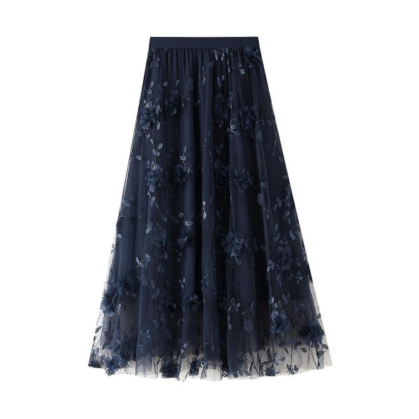 Lång Tutu-kjol i tyll för kvinnor 3d-blombroderi Enfärgad midi- mesh med hög midja Navy