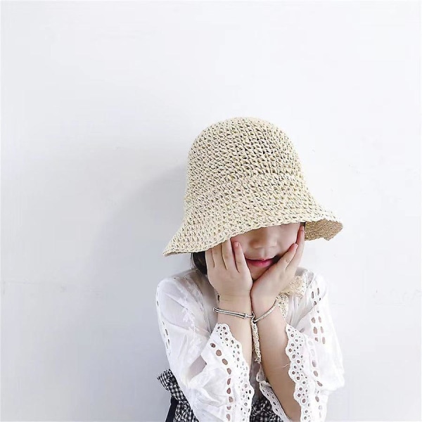 Casual söpö Kids Bucket Hat Straw Fisherman Lace Cap Auringonkestävä hattu Beige