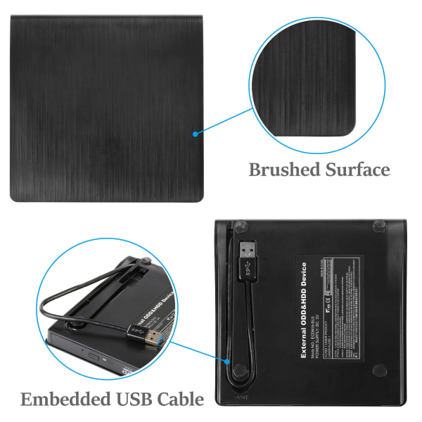 Ekstern CD DVD-stasjon med USB 3.0 Type-C bærbar DVD/CD+/-RW-stasjon/DVD-spiller CD-brenner for bærbar PC Mac