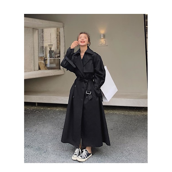 Trenchcoat för kvinnor Lös oversize lång jacka Dubbelknäppt bälte Dammantel Grå vindjacka Black XXL