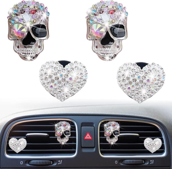 Bling Skull & Heart Luftventilklips. 4 stk Krystal Skull Bil Luft