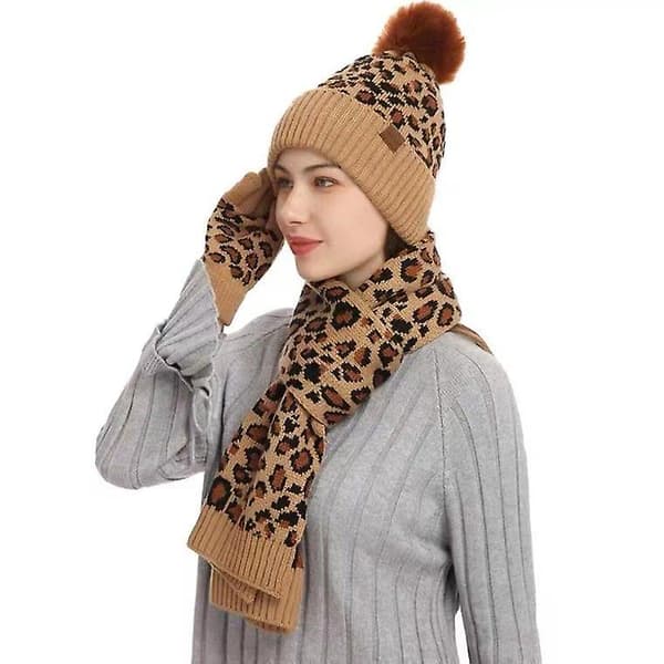 Winter Warm Knit Beanie Hat Scarf Set Touchscreen hansker for kvinner Khaki