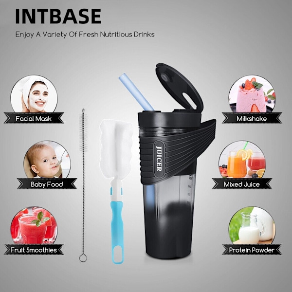 Bärbar mixerkopp för smoothies, shakes, USB-laddningsbar, 460 ml, svart