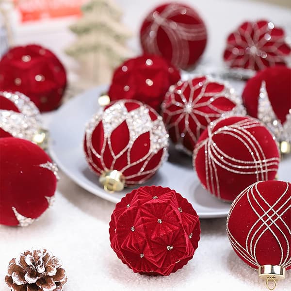 Flocked Julekule 8cm, juletrepynt (rød-12stk)