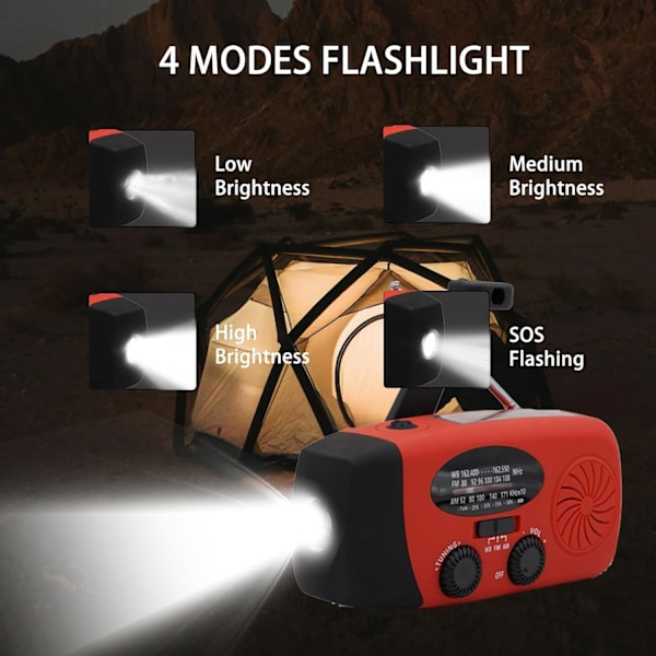 Nödhandvevradio med solpanel, LED-ficklampa med 2000mAh mobil strömförsörjning Röd