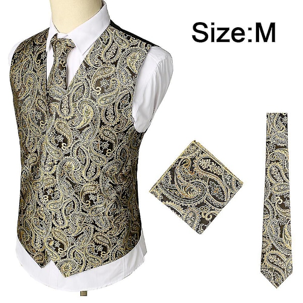 Herr 3st Paisley Vest Slips Ficka fyrkantig Set för kostym smoking Gold XL