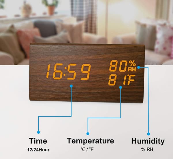 Väckarklocka Trä LED Skrivbordsklocka Visningstid Datum Temperatur Brun
