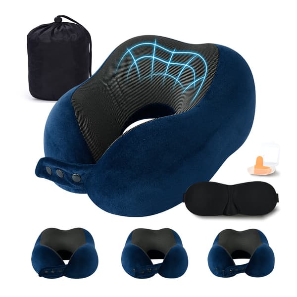 Memory Foam Resekudde Justerbar Nackkudde med Ögonmask, Öronproppar Mörkblå