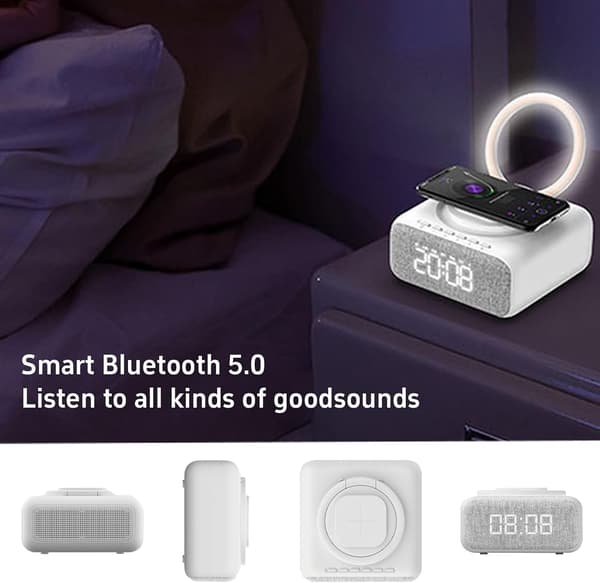 Väckarklocka Multifunktionell Bluetooth Mini Högtalare 15W Snabb Trådlös Laddare Vit
