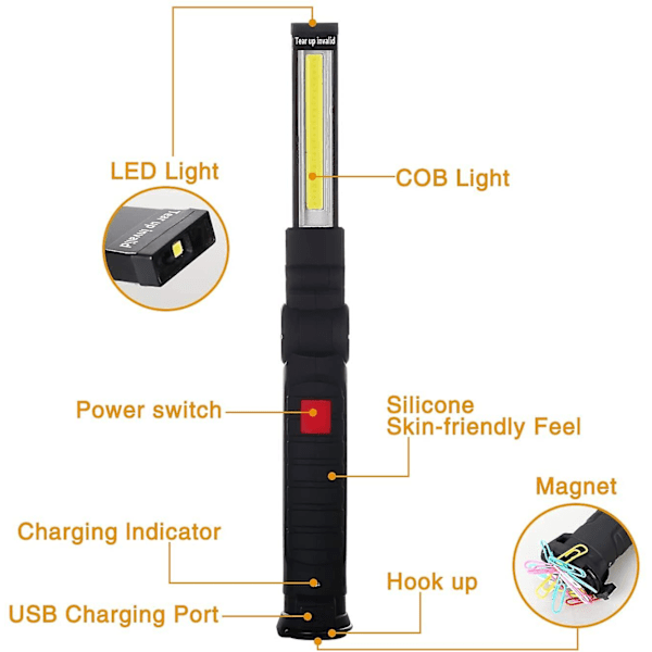 Led arbeidslys lommelykt Cob inspeksjonslys oppladbart campinglampe med magnetisk base, strømindikator, krok, sammenleggbar og dimbar for bilreparasjon G