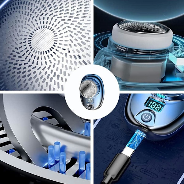 Mini-sähköparranajokoneet miehille ja naisille, sähköparranajokone miesten kasvoille, Type C ladattava, vedenpitävä LED-näytöllä kotiin Blue-silver Gradient