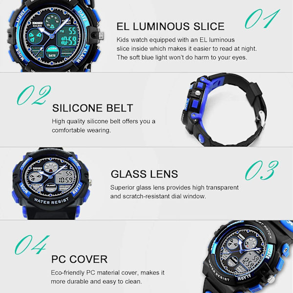 Barn Digital Sport Watch, Pojkar Flickor Vattentät Sport Utomhusklockor Barn Casual Elektroniska Analog Quartz Armbandsur med