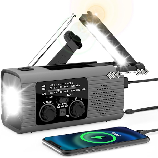 Nødradio med håndsveiv, USB-oppladbart, solcellelading, egnet for nødsituasjoner utendørs