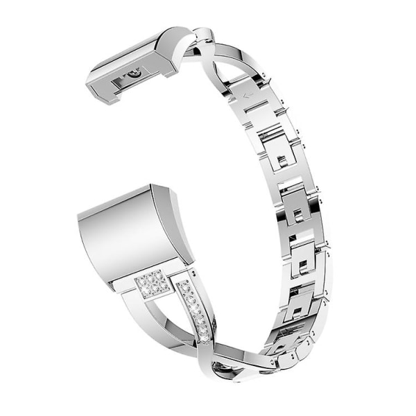 X-formad watch i massivt rostfritt stål med diamanter för Fitbit Charge 2 Silver