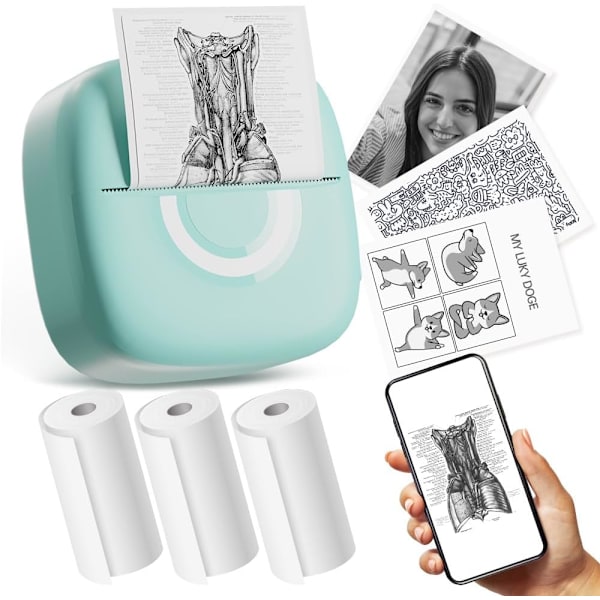 Bærbar Bluetooth termisk skriver med 3 ruller trykkpapir, kompatibel med iOS og Android, blå