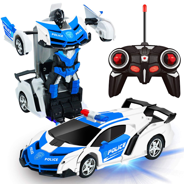 Fjernbetjent Transformer Bil Robot Legetøj 2.4Ghz 1:18 Genopladelig 360° Roterende Stunt Race Blå
