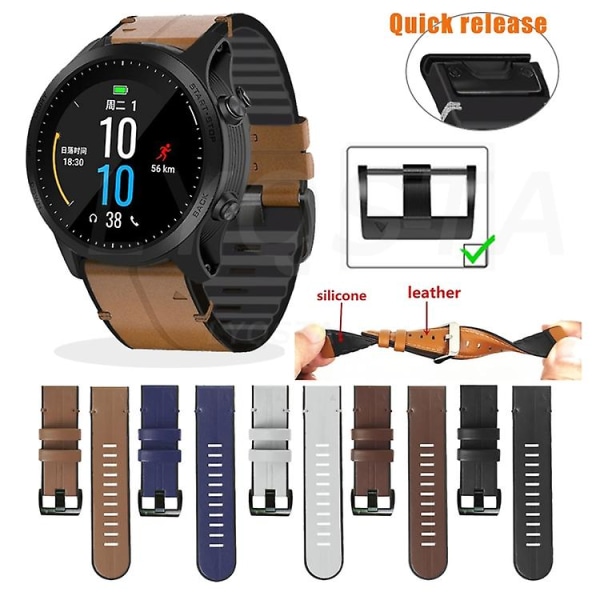 For Garmin Fenix ​​6x silikon + skinn klokkerem med hurtigutløser Black