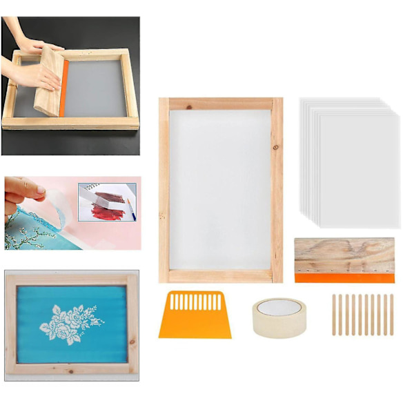 24 delar Screen Printing Starter Kit Trä Silk Screentrycksram med skrapor Verktyg för gör-det-själv-tröjor Klädväska Mesh Fram