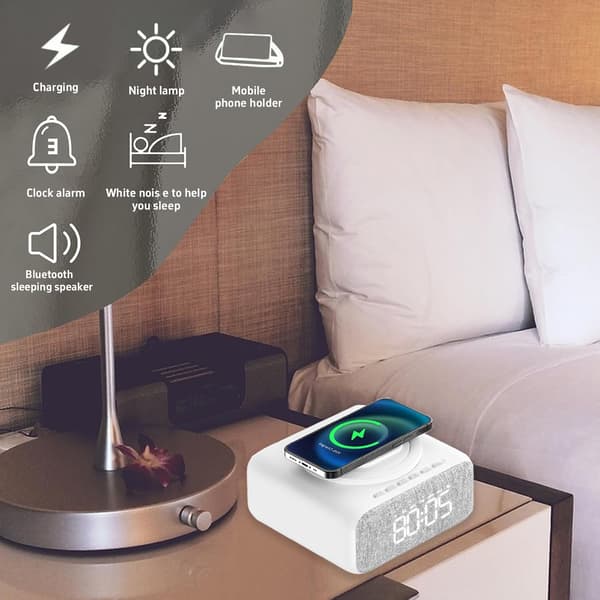Vekkerklokke Multifunksjon Bluetooth Mini Høyttaler 15W Rask Trådløs Lader Hvit