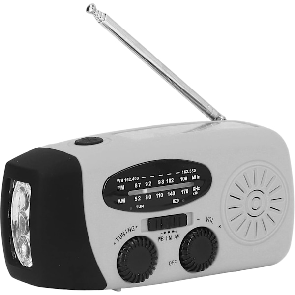 Nødradio med håndsveiv og LED-lommelykt 2000mAh, bærbar AM/FM/NOAA solcelleværradio/sølv